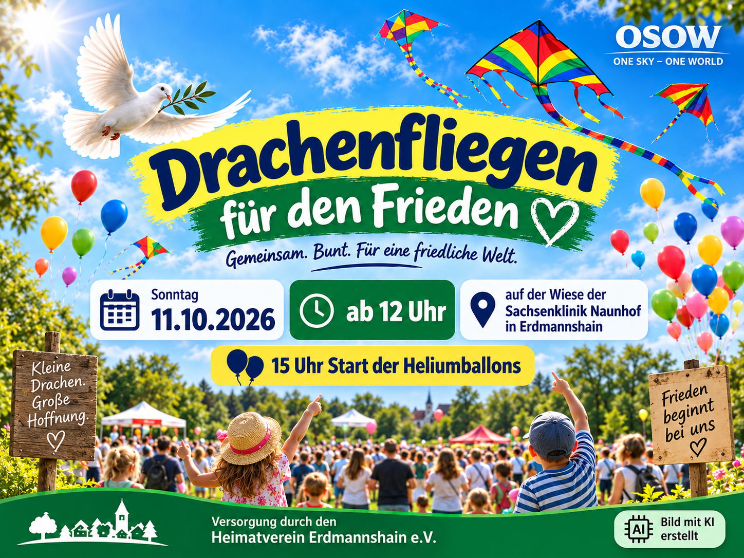 Plakat zum One Sky One World Drachenfest für den Frieden am 11. Oktober 2026 in Erdmannshain